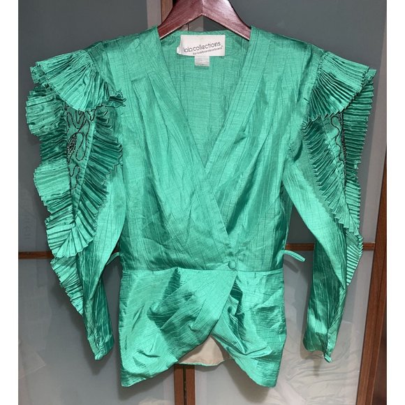 BB Collections Womens Vintage 80s Avant-Garde Green Ruffled Beaded Jacket Size 4 - Picture 1 of 8